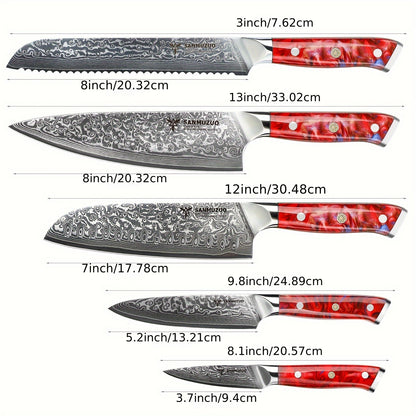 Damascus Messenset – Keukenmessen – Koksmes – Santokumes – Officemes – 5-Delig – Ultra Scherp Japans VG-10 Staal – Ergonomisch Hars Handvat Zonsopgang Rood