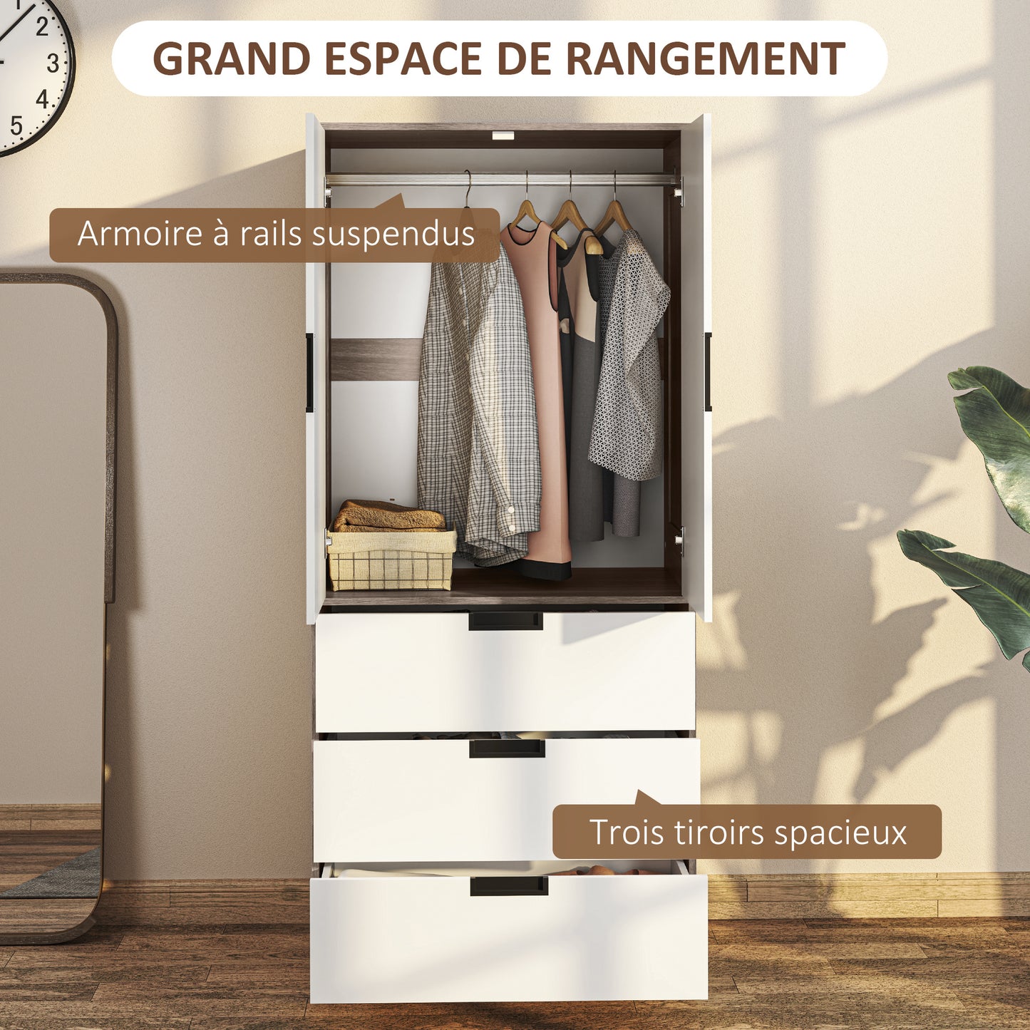 Kledingkast – Garderobekast – Linnenkast – Opbergkast – Dressoir – 80x50x180 cm – Met 3 Laden en Roede – Modern Bruin