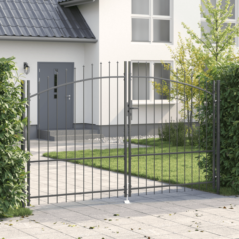 Tuinpoort – Dubbele Tuindeur – Smeedijzeren Poort – Tuinafscheiding – Hekwerk – Grijs – 175x300 cm – Stalen Puntvormige Spijlen – Dubbel Scharnierend