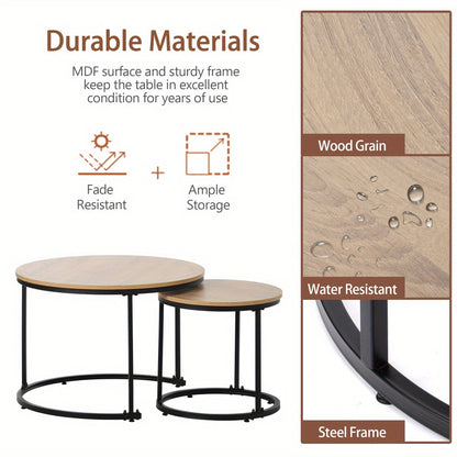 Salontafel – Bijzettafel – Koffietafel – Tafeltje – Woonkamertafel – Set van 2 – Nestbaar – MDF Blad – Metaal Frame – Rond – Bruin – Ruimtebesparend – Modern Design