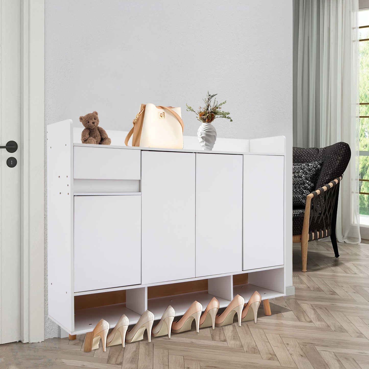 Schoenenkast – Schoenenrek – Schoenenopberger – Schoenenbank – Voordeurkast – Vrijstaand – Ventilatiegaten – Met Lade en 4 Deuren – MDF – Verhoogde Beschermrail – Warm Wit