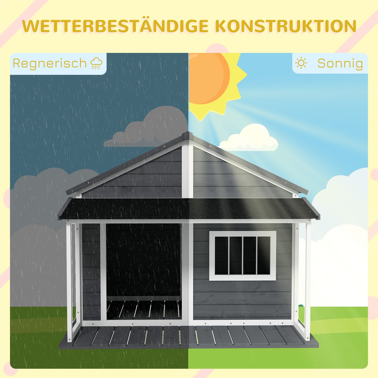 Buitenhondenkennel – Hondenhok – Buitenkennel – Hondenhuis – Hondenverblijf – Grijs – Weerbestendig Materiaal – Ruime Veranda 124x112x105 cm