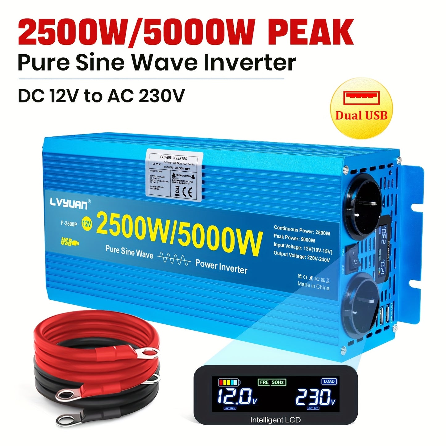 Spanningsomvormer – Omvormer – Inverter – Stroomomzetter – Converter – 2500W Zuivere Sinus – Aluminium Behuizing – LCD Display – 2x 230V Stopcontacten + USB