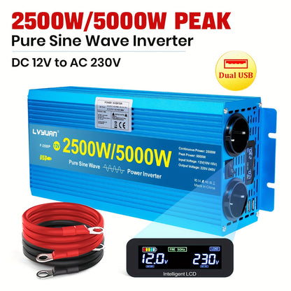 Spanningsomvormer – Omvormer – Inverter – Stroomomzetter – Converter – 2500W Zuivere Sinus – Aluminium Behuizing – LCD Display – 2x 230V Stopcontacten + USB