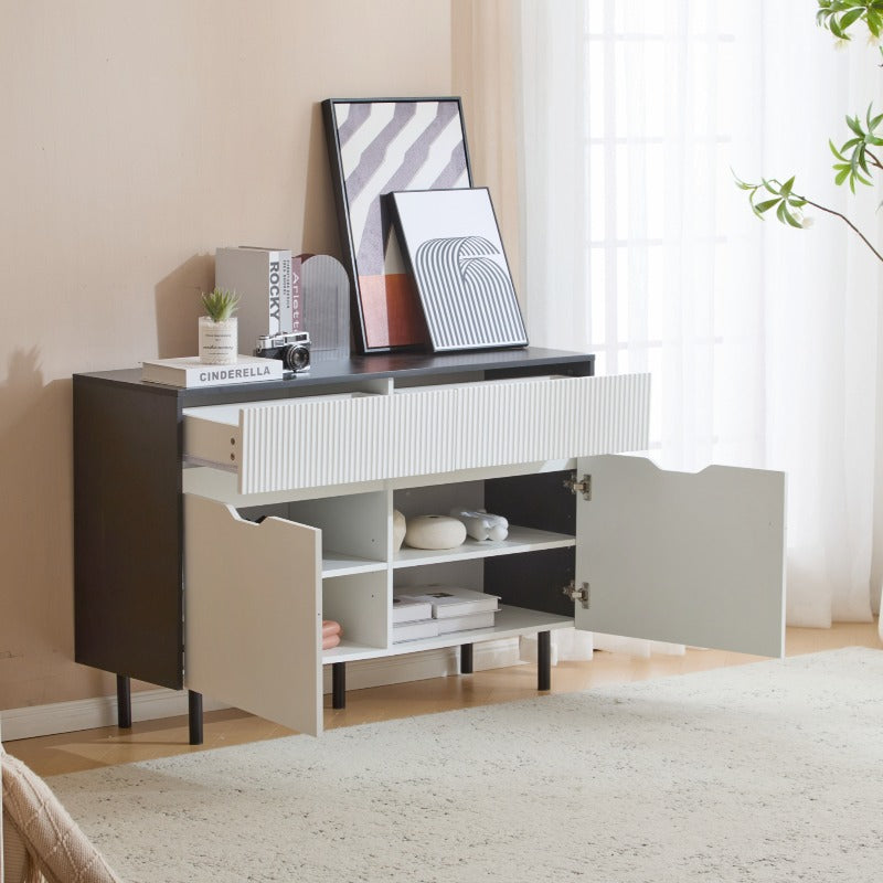 Metaal Opbergkast – Stalen Kast – Dressoir – Buffetkast – Keukenkast – 120 cm Breed – Zwart-Wit Met Riffeldeuren – Verstelbare Planken – Geen Montage Nodig