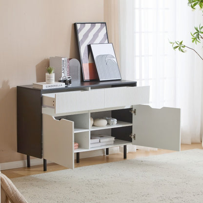 Metaal Opbergkast – Stalen Kast – Dressoir – Buffetkast – Keukenkast – 120 cm Breed – Zwart-Wit Met Riffeldeuren – Verstelbare Planken – Geen Montage Nodig
