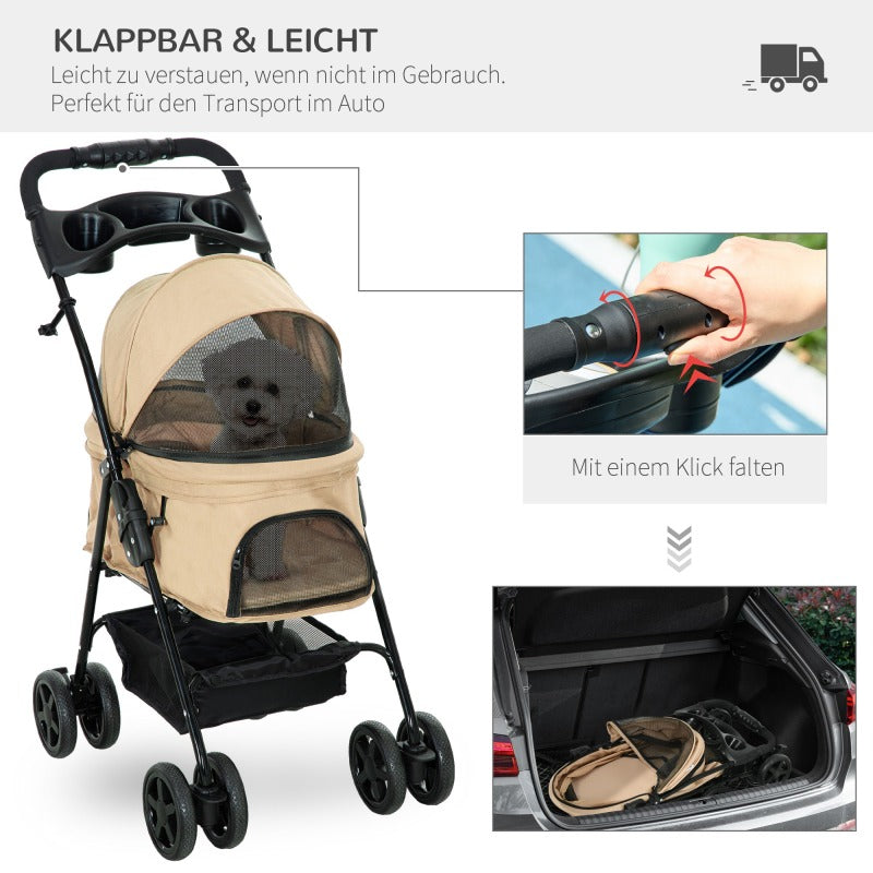 Dierenwagen – Huisdierenwagen – Huisdierbuggy – Hondenwagen – Kattenwagen – Khaki – Stevig IJzeren Frame – 360° Draaibare Voorwielen Met Remmen