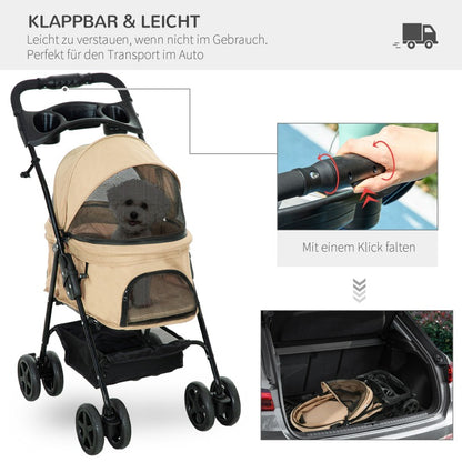 Dierenwagen – Huisdierenwagen – Huisdierbuggy – Hondenwagen – Kattenwagen – Khaki – Stevig IJzeren Frame – 360° Draaibare Voorwielen Met Remmen