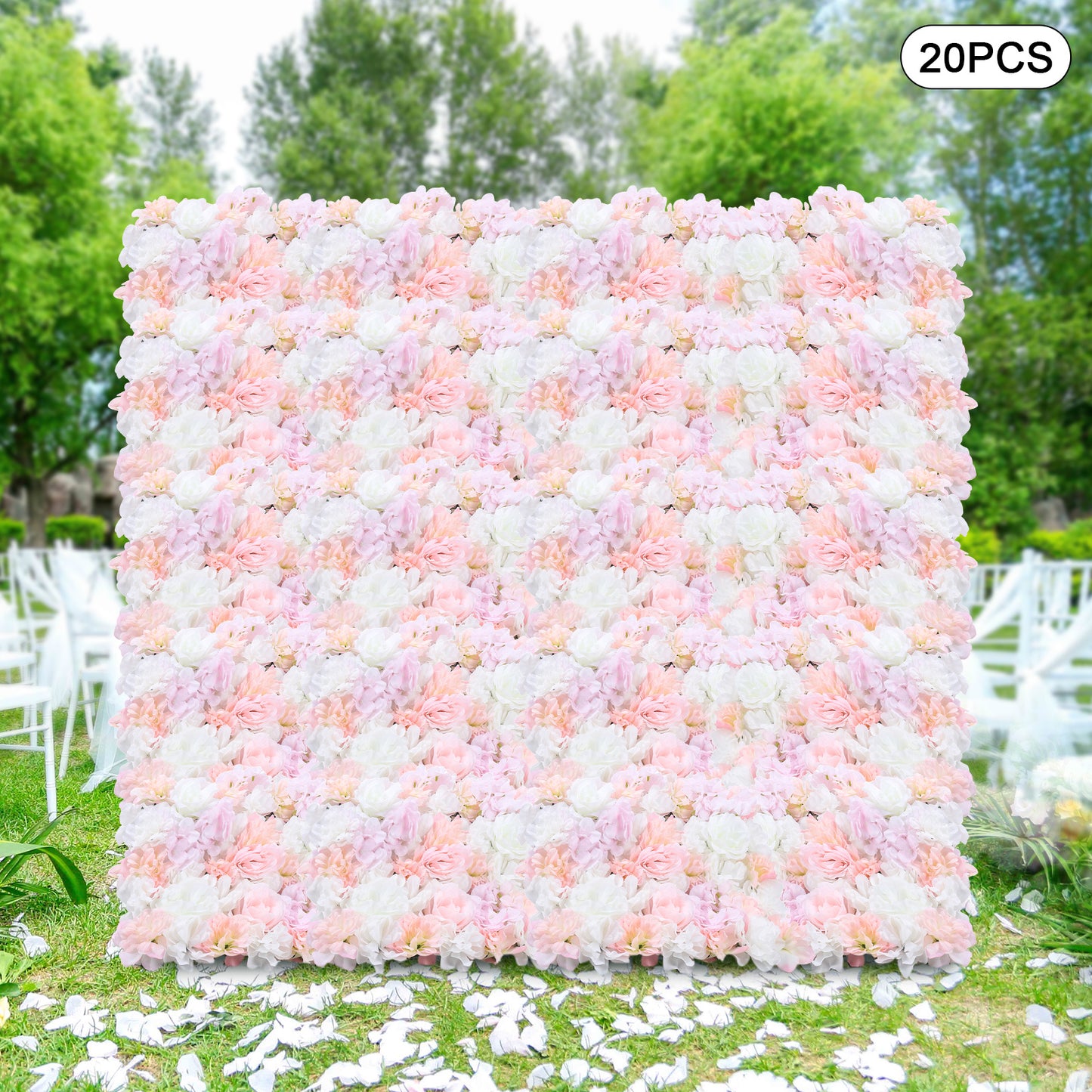 Bloemenmuur – Kunstbloemenwand – Bloemenpaneel – Sierbloemenwand – Kunstbloemenpaneel 20 stuks – Realistische Rozen, Dahlia’s en Hortensia’s – Makkelijk Bevestigen – Duurzaam Kunststof