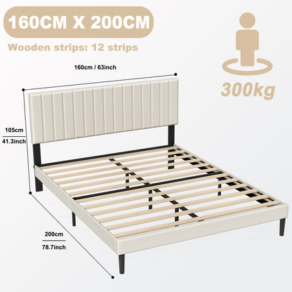 Bed Frame Guest Bed Metal Bed with Flannel Headboard & 12 Slatted Frame & Sponge Edging Modern Bed Frame Maximum Load Capacity 300 KG, for Bedroom Guest Room