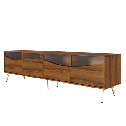 Tv-kast – Tv-meubel – Mediameubel – Displaykast – Lage Kast – Natuurlijke Kleur – Gouden Metalen Basis – Glazen Deuren – 180x40x50 cm – Modern Design