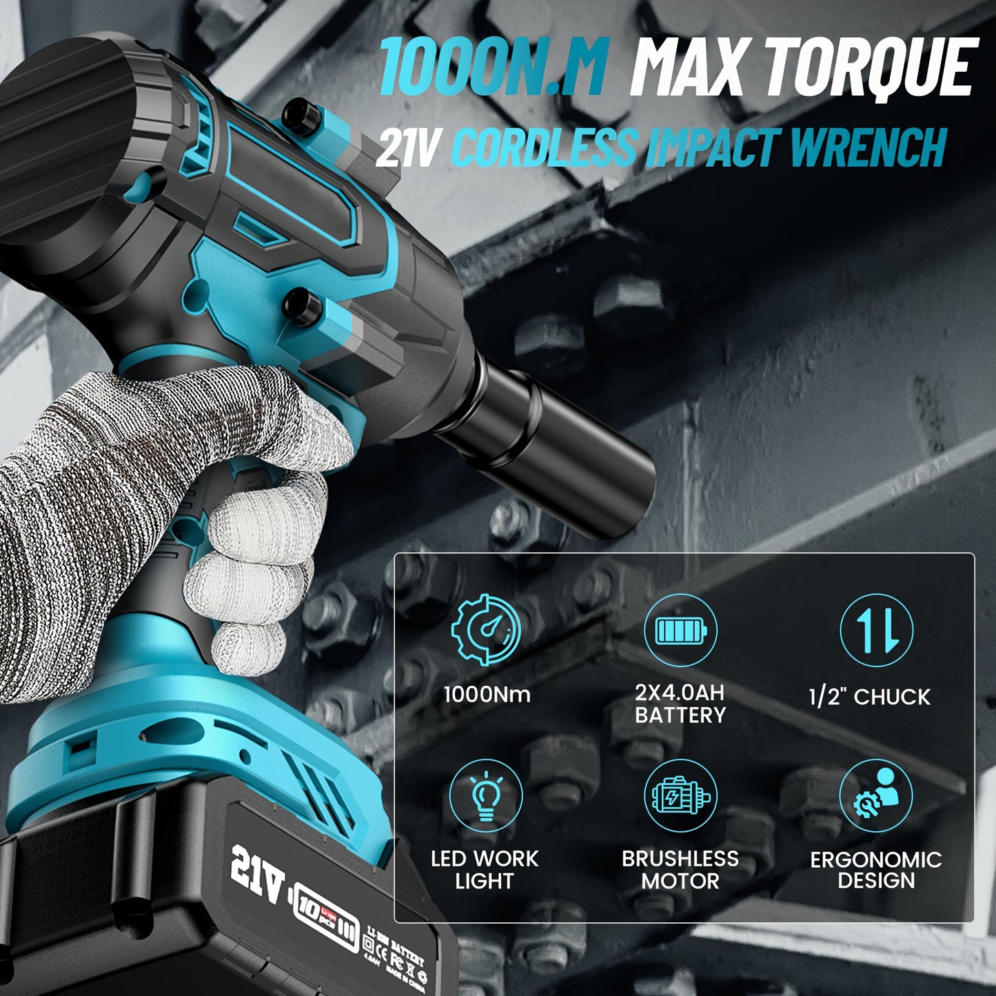 Draadloze Slagmoersleutel – Accu Slagmoersleutel – Impact Wrench – Pneumatische Slagmoersleutel – Elektrische Slagmoersleutel – 1000 Nm Koppel – 2x4.0Ah Batterij & Snellader