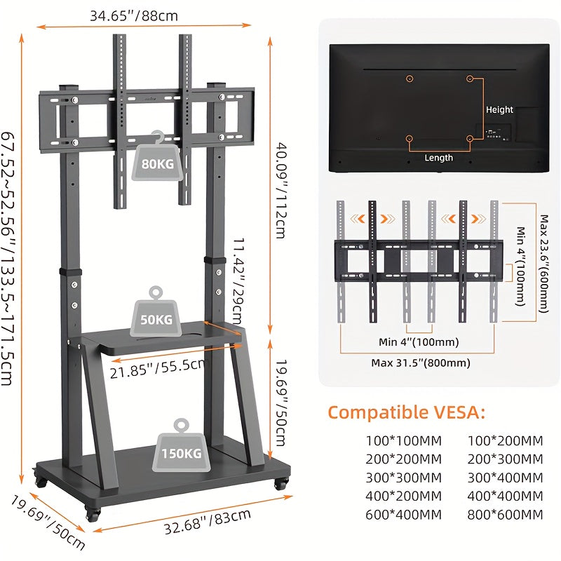 TV Meubel Mobiel – Mobiele TV Standaard – TV Trolley – Verrijdbare TV-Standaard – Verrijdbaar TV-Meubel – voor 32-100 inch Schermen – Verstelbare Hoogte – Stevig Metaal – max. 80 kg Draagkracht – 2 Opberglepels – VESA tot 800x600 mm