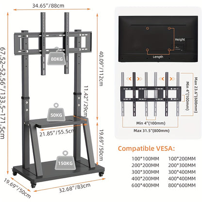 TV Meubel Mobiel – Mobiele TV Standaard – TV Trolley – Verrijdbare TV-Standaard – Verrijdbaar TV-Meubel – voor 32-100 inch Schermen – Verstelbare Hoogte – Stevig Metaal – max. 80 kg Draagkracht – 2 Opberglepels – VESA tot 800x600 mm