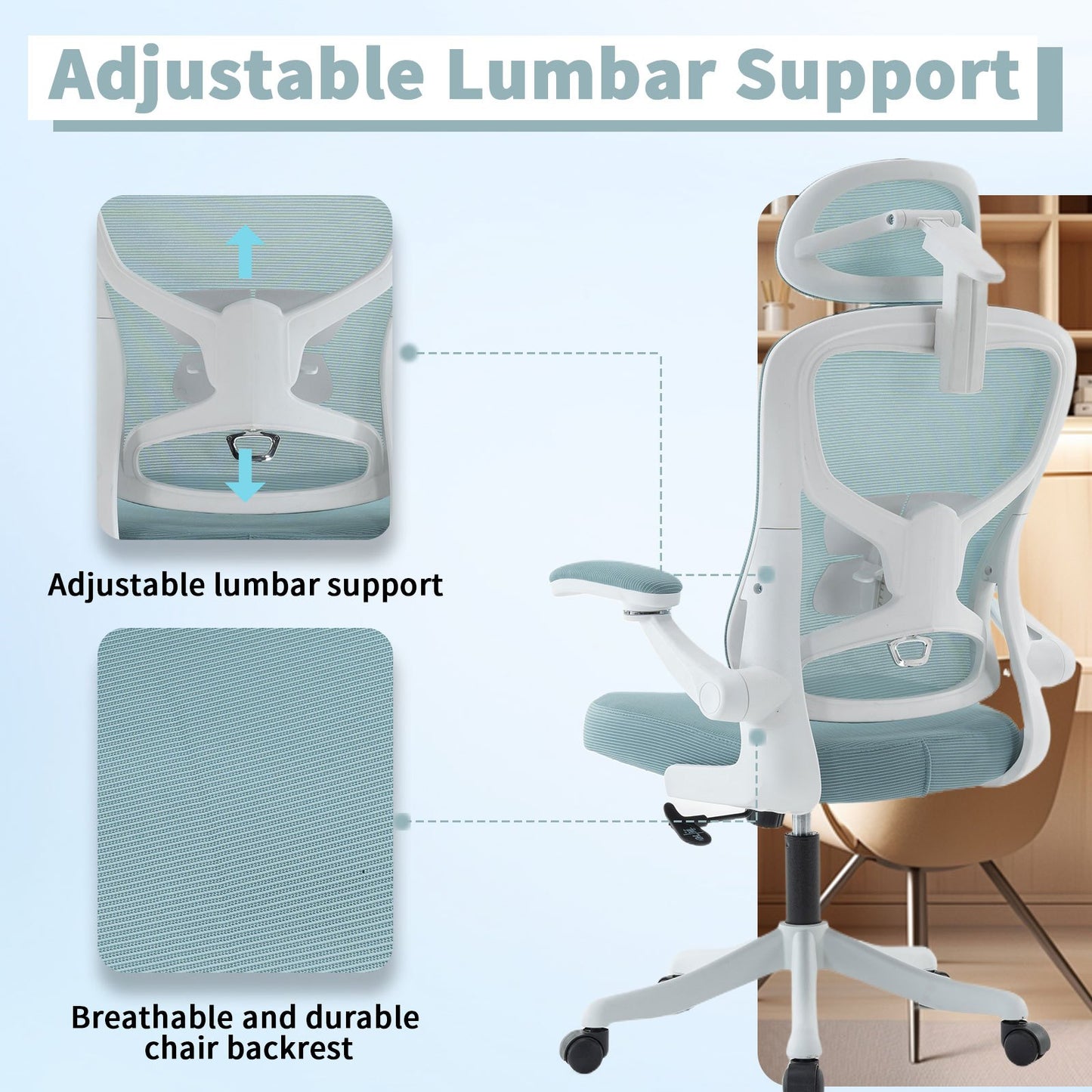 Ergonomische Bureaustoel – Kantoorstoel – Werkstoel – Computestoel – Bureaustoel Met Wielen – Mid-Back Mesh Rugleuning – Memory Foam Zitting – Flip-Up Armleuningen – Cyaan