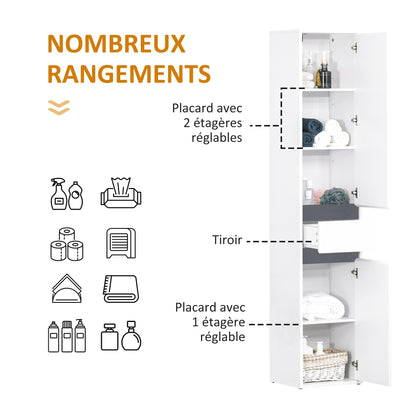 Badkamerkast – Opbergkast – Linnenkast – Kolomkast – Douchekast – Wit Particleboard – 2 Deuren, 3 Planken en 1 Lade