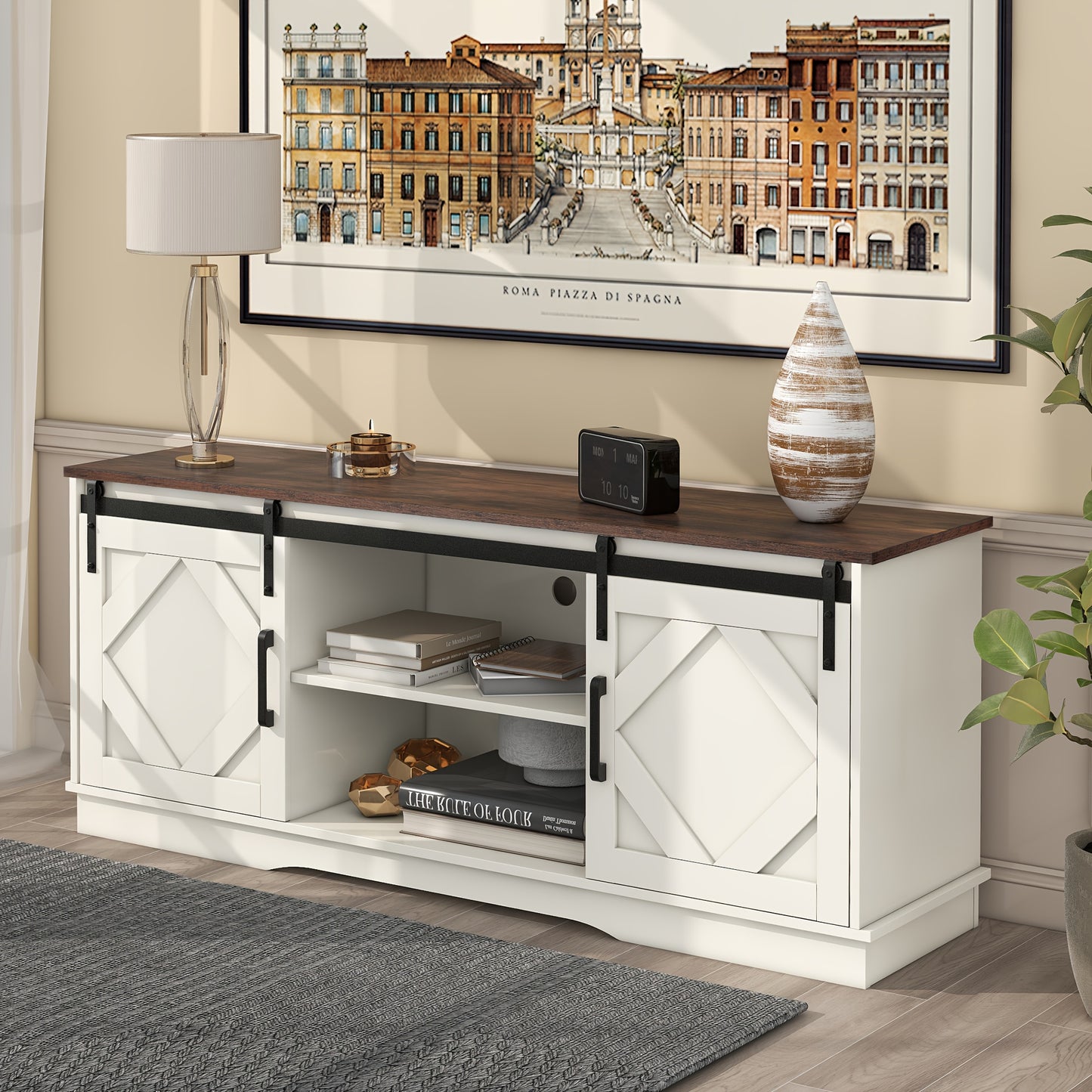 tv meubel – tv kast – tv meubelen – lowboard – dressoir – Wit – Met 2 schuifdeuren – Verstelbare planken
