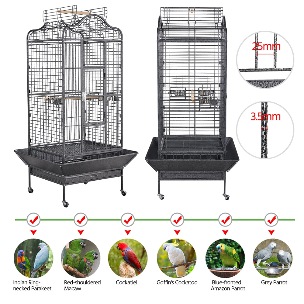 Vogelkooi – Papegaaienkooi – Parkietenkooi – Grasparkietenkooi – Volière – Met Wieltjes – Zwart Gepoedercoat Metaal – Ruim Leefgebied 60,5x56x113 cm