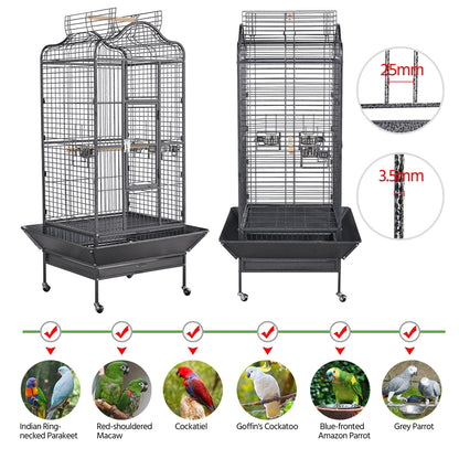 Vogelkooi – Papegaaienkooi – Parkietenkooi – Grasparkietenkooi – Volière – Met Wieltjes – Zwart Gepoedercoat Metaal – Ruim Leefgebied 60,5x56x113 cm
