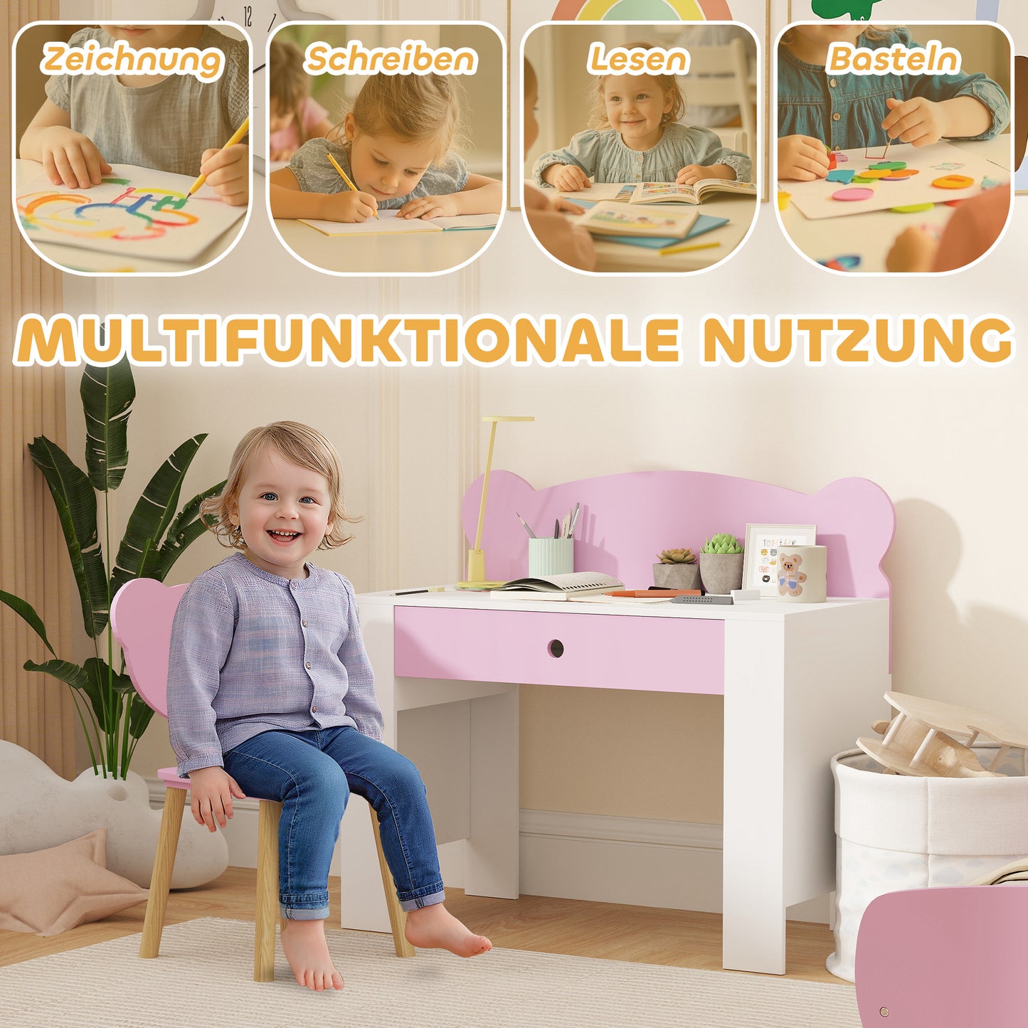 Bureau Kinderen – Kinderbureau – Schrijftafel – Speelbureau – Werkplek Kinderkamer – Inclusief Stoel – Veilig Met Lade – Beerprint Roze