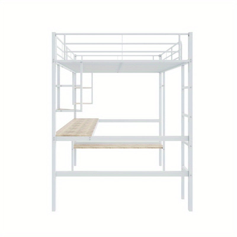 Hoogslaper 140x200 – Stalen Bedframe – Metaalbed – Kinderbed – Tienerbed – Wit Frame – Ingebouwd Bureau & Grote Boekenkast – 4 Kleine Plankjes