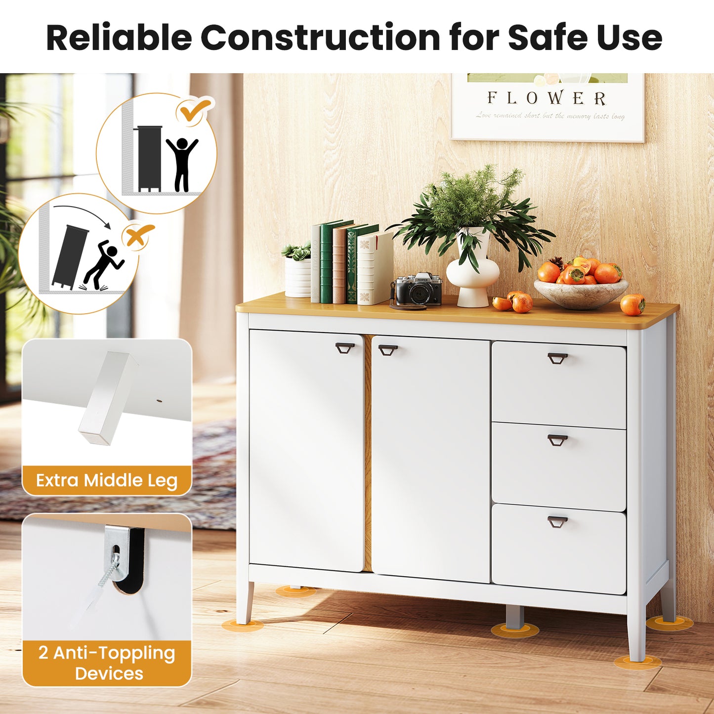 Sideboard – Dressoir – Opbergkast – Buffetkast – Keukenkast – Natuurlijke Witte Afwerking – 106x40x80 cm – 3 Lades en Verstelbare Plank