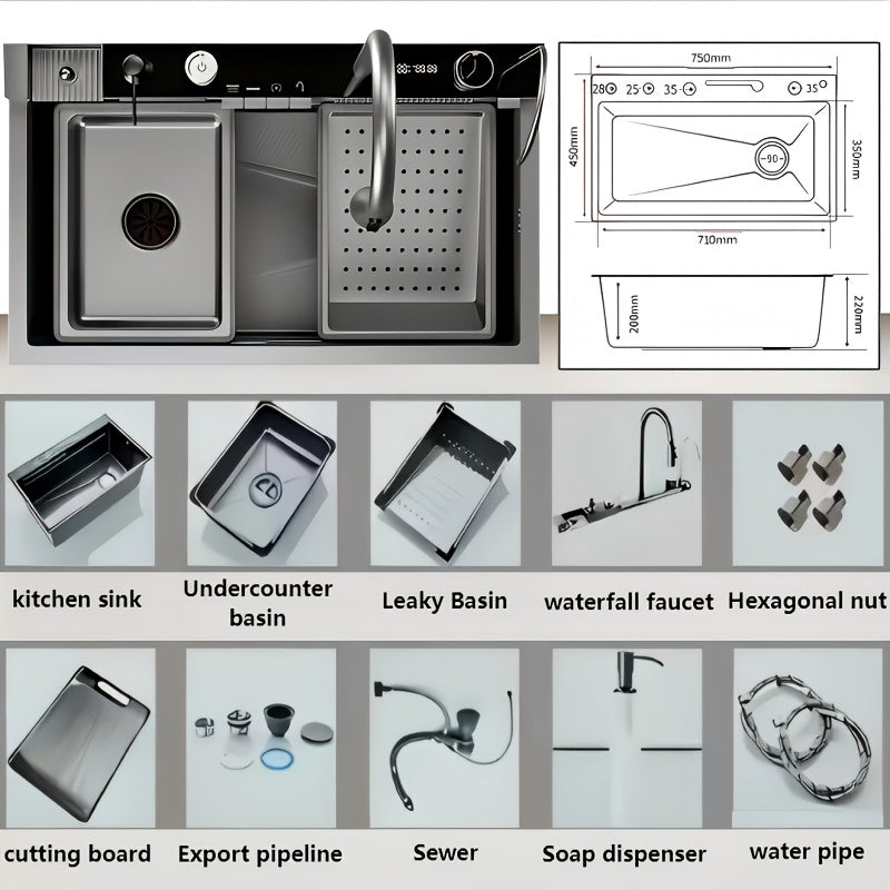 Keukenkraan – Keukenmengkraan – Uittrekbare Kraan – Spoelkraan – Mengkraan – Roestvrijstaal – Gunmetal Grijs – 75x45 cm Grote Enkele Kom – Digitale Waterstanden Met Pull-down Kraan