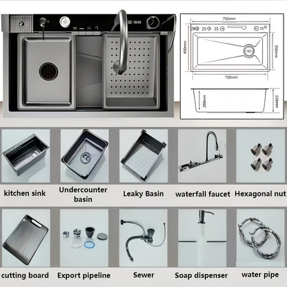 Keukenkraan – Keukenmengkraan – Uittrekbare Kraan – Spoelkraan – Mengkraan – Roestvrijstaal – Gunmetal Grijs – 75x45 cm Grote Enkele Kom – Digitale Waterstanden Met Pull-down Kraan