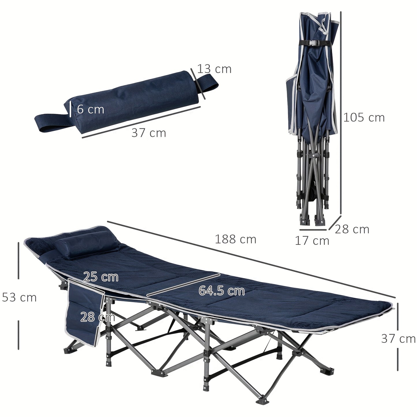 Campingbed – Reisbed – Opvouwbaar Bedje – Campingbedje Baby – Tentbed – Stevig Metalen Frame – Draagkracht 150 kg – Inclusief Matras En Kussen – Donkerblauw 188x64,5x53 cm