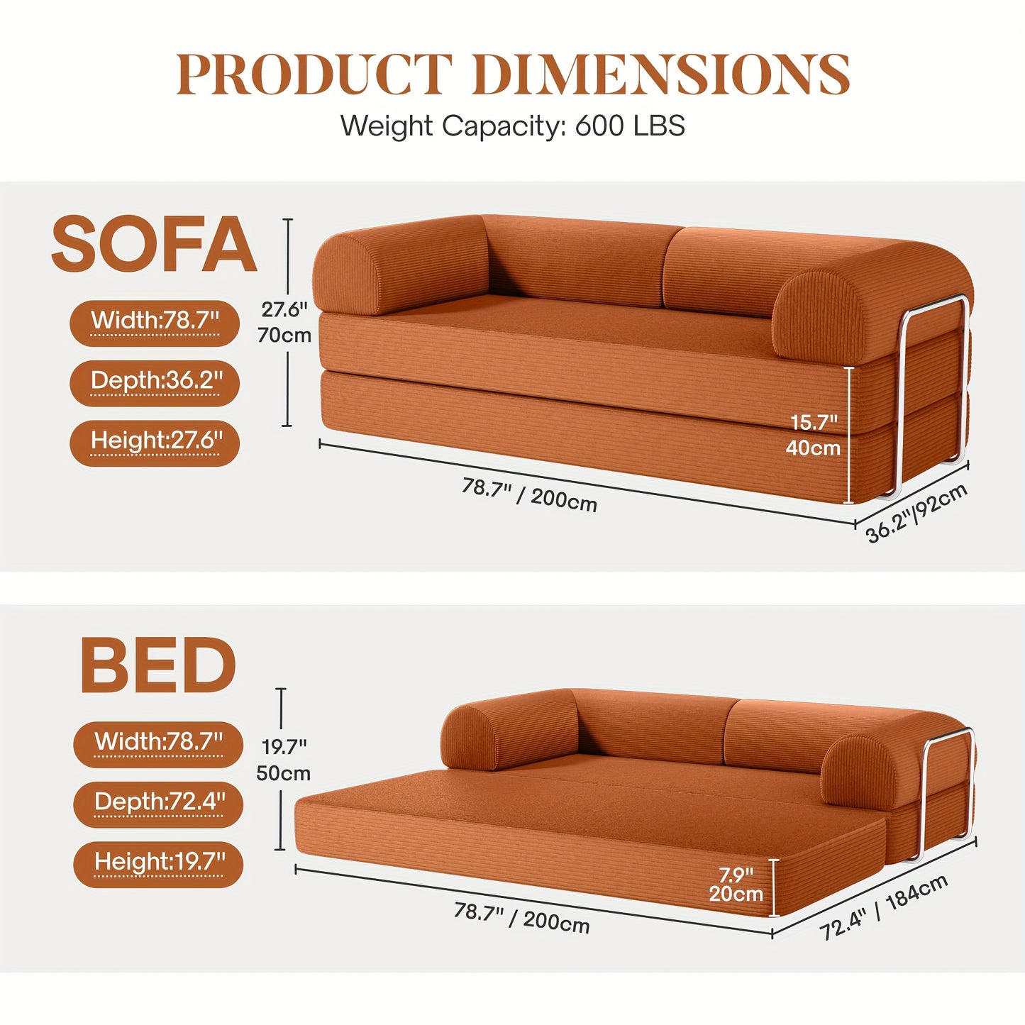 Corduroy Slaapbank – Slaapsofa – Bedbank – Uitklapbare Bank – 3-Zits Sofa – Modern Design – Metaal Frame – Hoogwaardig Schuim – Space-Saving 200cm Bruin