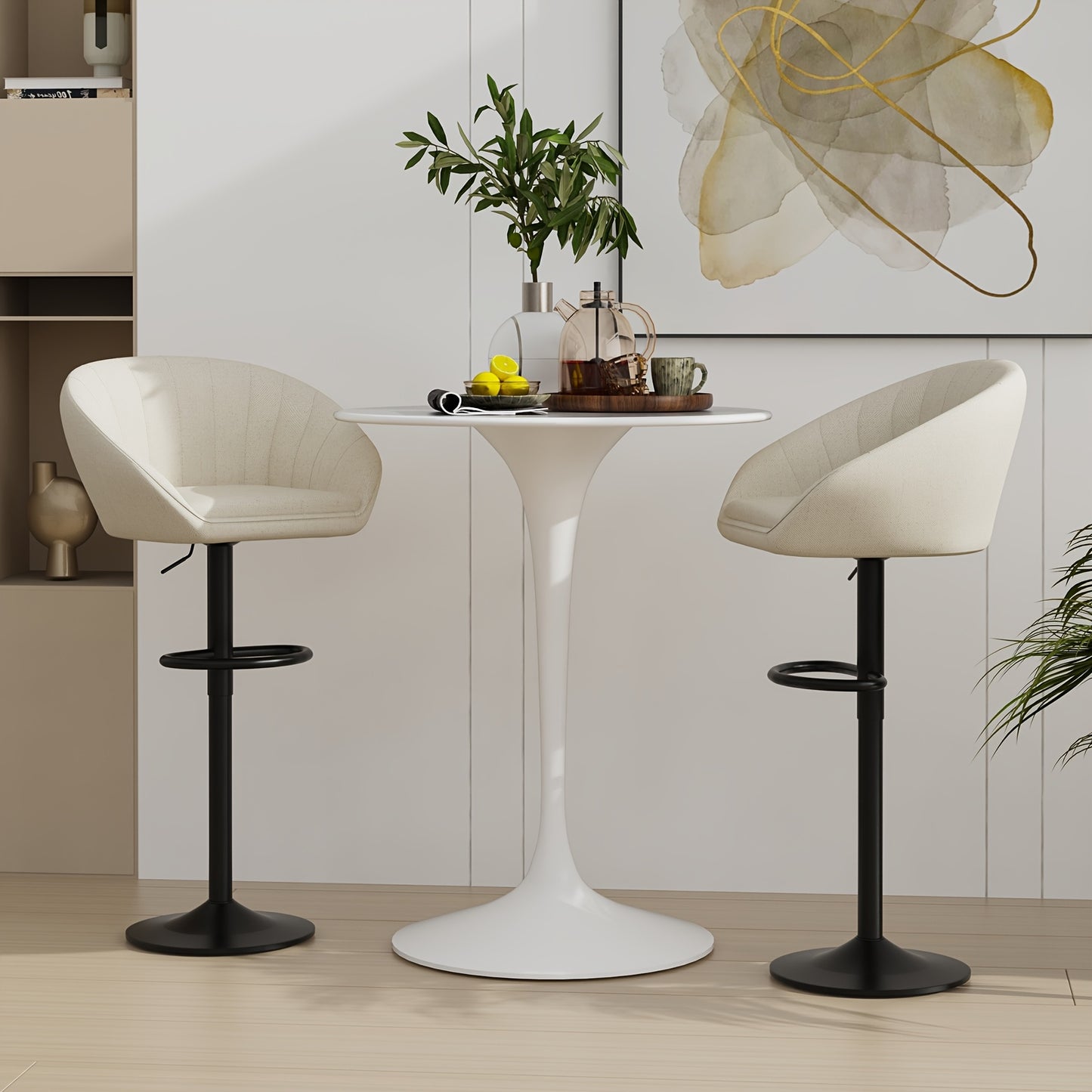 Barstoel – Barkruk – Barstoel Kruk – Barstoelen – Keukenstoel – Set Van 2 – Linnen Stof – Draaibaar Met Voetsteun – Verstelbare Hoogte – Beige