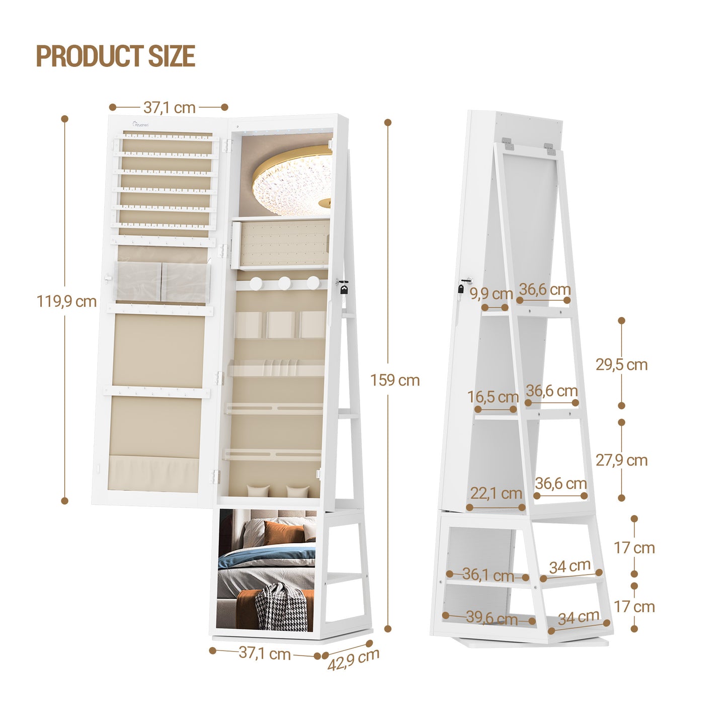 Sieradekast – Sieradenkast – Jewelry Organizer – Sieradenopberger – Make-up Kast – 360° Draaibare Spiegel – Veilig Afsluitbaar – 4 Lade Opbergvakken – Wit Met Beige Voering