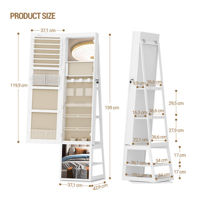 Sieradekast – Sieradenkast – Jewelry Organizer – Sieradenopberger – Make-up Kast – 360° Draaibare Spiegel – Veilig Afsluitbaar – 4 Lade Opbergvakken – Wit Met Beige Voering