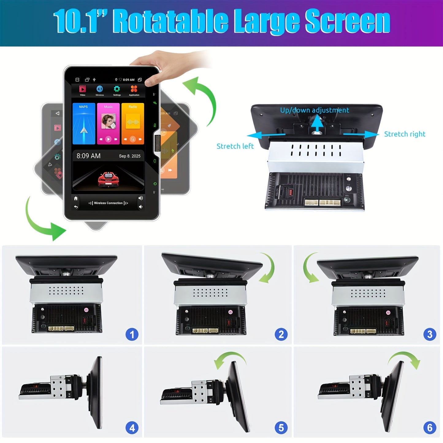 Autoradio Draaibare Multimedia Speler – Auto Stereo Headunit – Draaibaar Navigatiesysteem – Touchscreen Radio – Single DIN Android 14.0 – 10,1 Inch HD IPS – Draadloos CarPlay & Android Auto