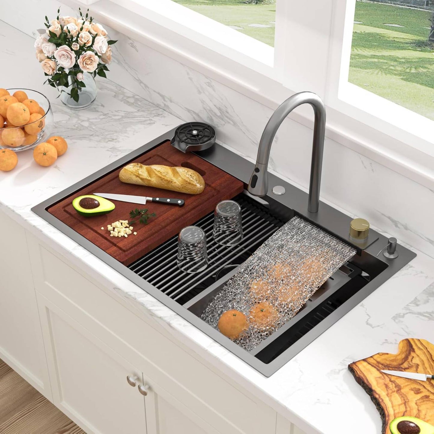 Keukenspoelbak – Spoelbak – Werkstation – Enkele Kom – Topmount – 80 x 45 cm – Roestvrij Staal – Mat Zwart – Multifunctioneel met 360° Mengkraan