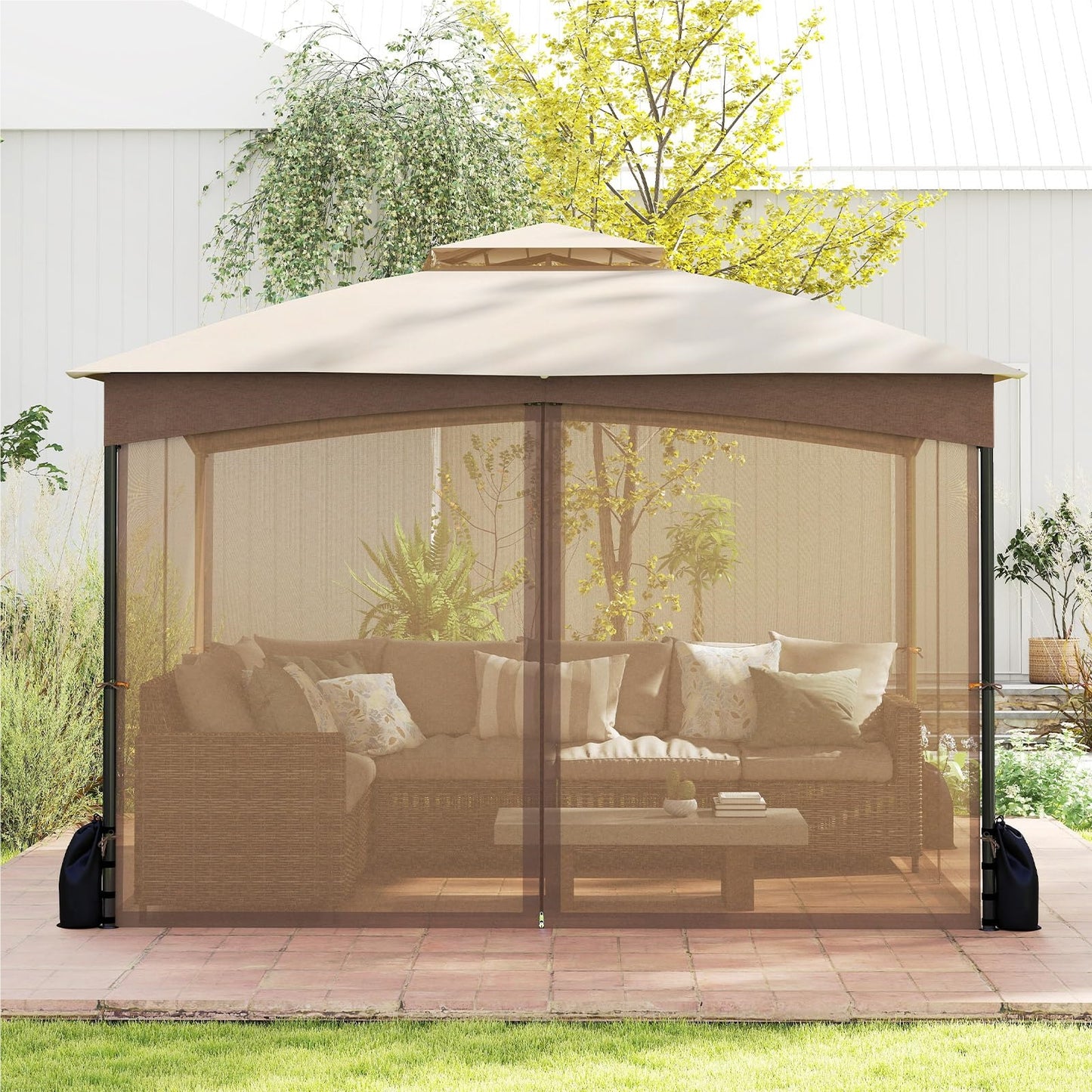 Paviljoen – Tuinpaviljoen – Partytent – Overkapping – Tuintent – 3 x 3,6 meter – Waterdicht en Winterbestendig – Inclusief 4 Muggenhorren en Zandzakken – Dubbel Dak – Khaki