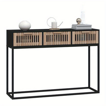 Elegant Black 3-Tier Sideboard with Natural Wood Panels and X-Shape Metal Frame, 104.14cm x 30.48cm x 76.2cm - Ideal for Bedroom, Living Room, Office, or Veranda, Cute Room Decor, Standing Shelf