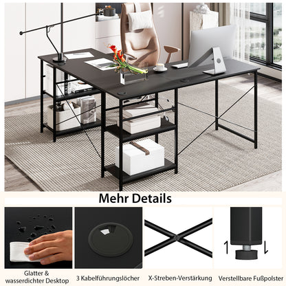 L-vormig Bureau – Hoekbureau – Gamersbureau – Computerbureau – Bureau Met Opbergruimte – Omkeerbaar Ontwerp – 151 x 151 x 75 cm – Zwart