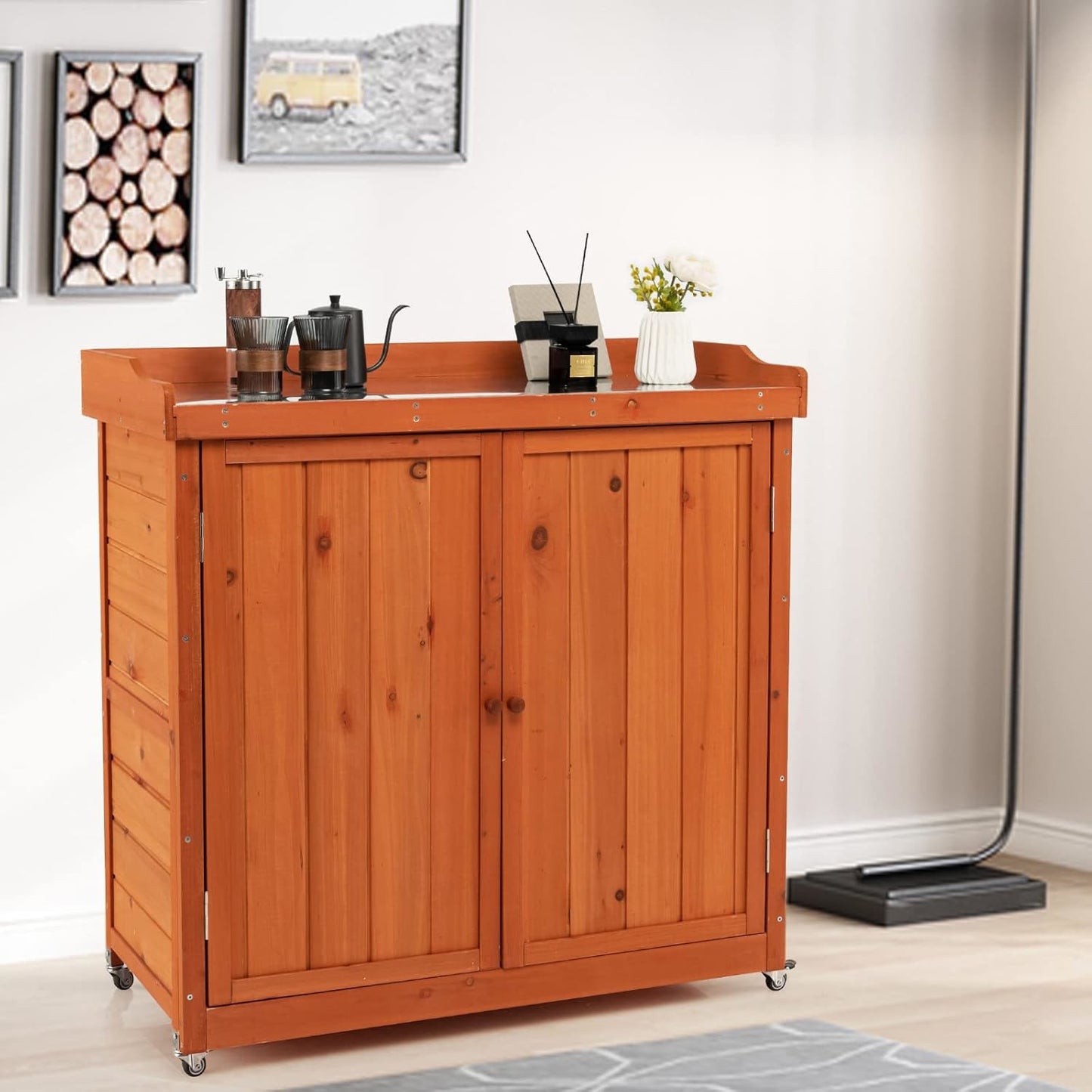 Tuinkast – Tuinberging – Opbergkast – Tuinkist – Buitenberging – Houten Kast Met Verstelbare Plank – Met 4 Zwenkwielen En Gegalvaniseerd Stalen Werkblad
