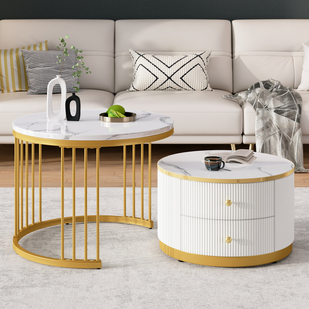 Modern Nesting Coffee Table Set with Two Drawers - Space-Saving Stackable Design, Marble-Like Round Tabletops, Metal Frame & High-Gloss Finish, 60x60x45.5cm & 50x50x32cm, 30kg Weight Capacity, Easy Assembly for Small Living R