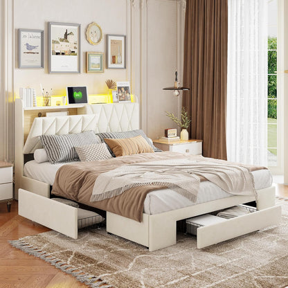 Bedkasten – Nachtkastje – Bijzettafel – Ladekast – Opbergkast – Gestoffeerd Bed 140x200 cm – USB Oplaadpoort & LED Hoofdbord – 3 Ruime Lades