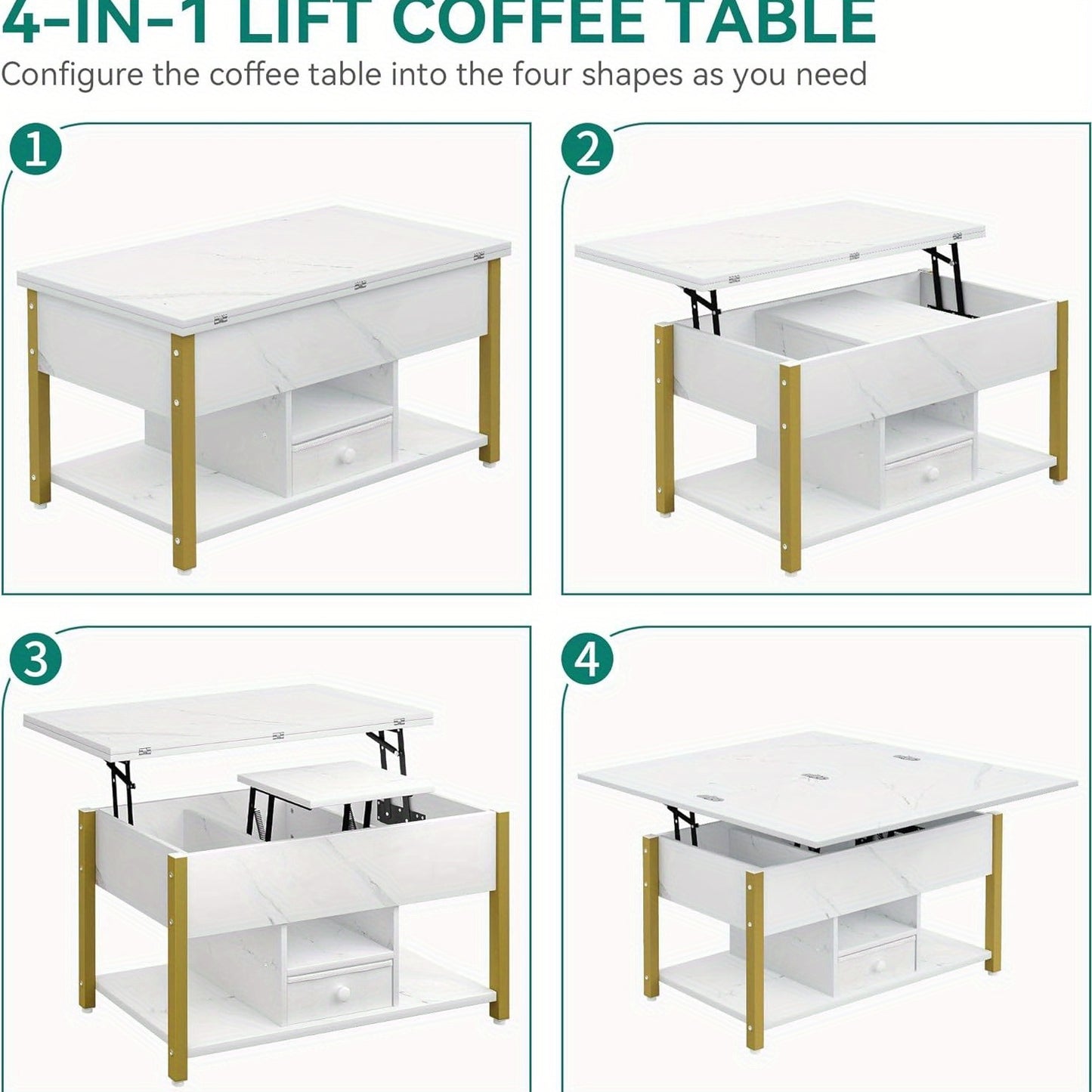 4-in-1 Verhoogbare Salontafel – Bijzettafel – Eettafel – Bureau – Opbergtafel – Wit – Verstelbaar Tafelblad – 2 Opberglades