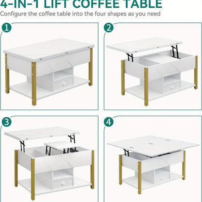 4-in-1 Verhoogbare Salontafel – Bijzettafel – Eettafel – Bureau – Opbergtafel – Wit – Verstelbaar Tafelblad – 2 Opberglades