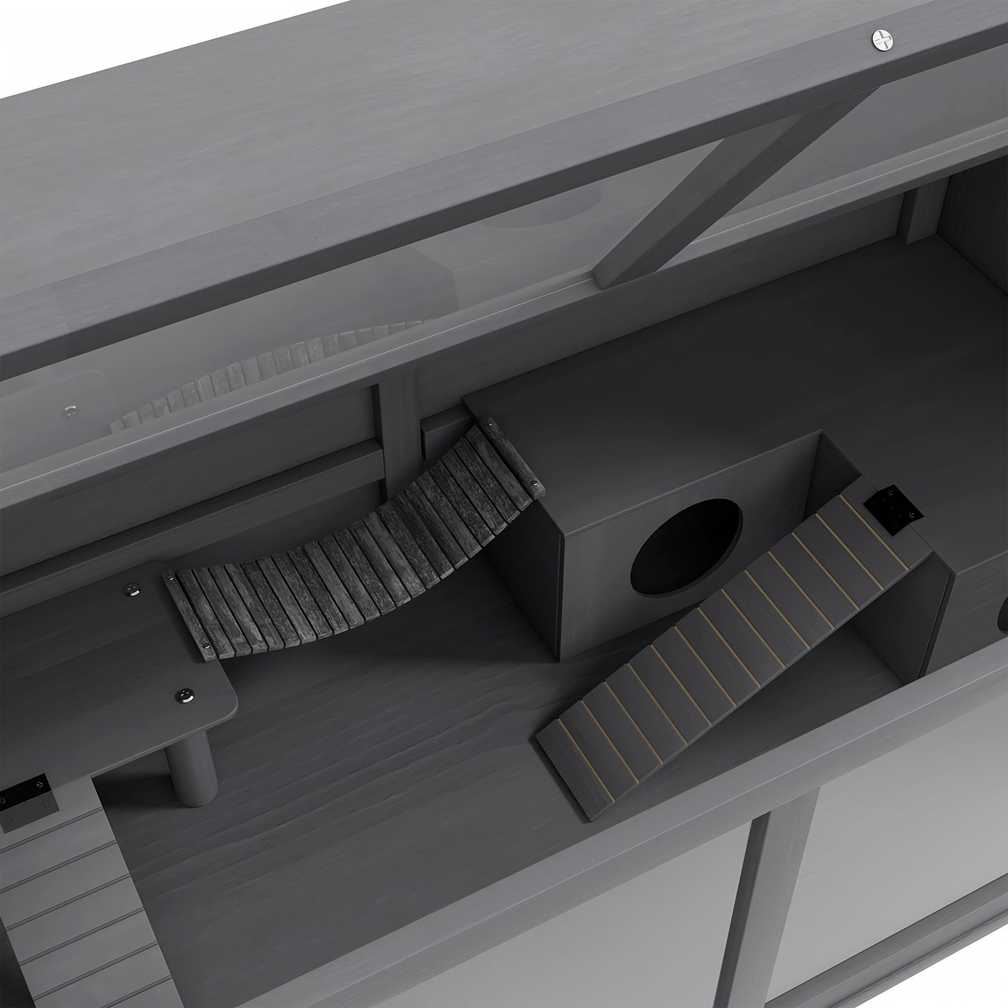 Hamsterkooi – Knaagdierenkooi – Muizenkooi – Gerbilkooi – Kleine Dierenkooi – 100cm Donkergrijs – Open Dak Met Tredebrug & Ladder – Duurzame Plastic Bodem Met Voeder- en Drinkdispenser