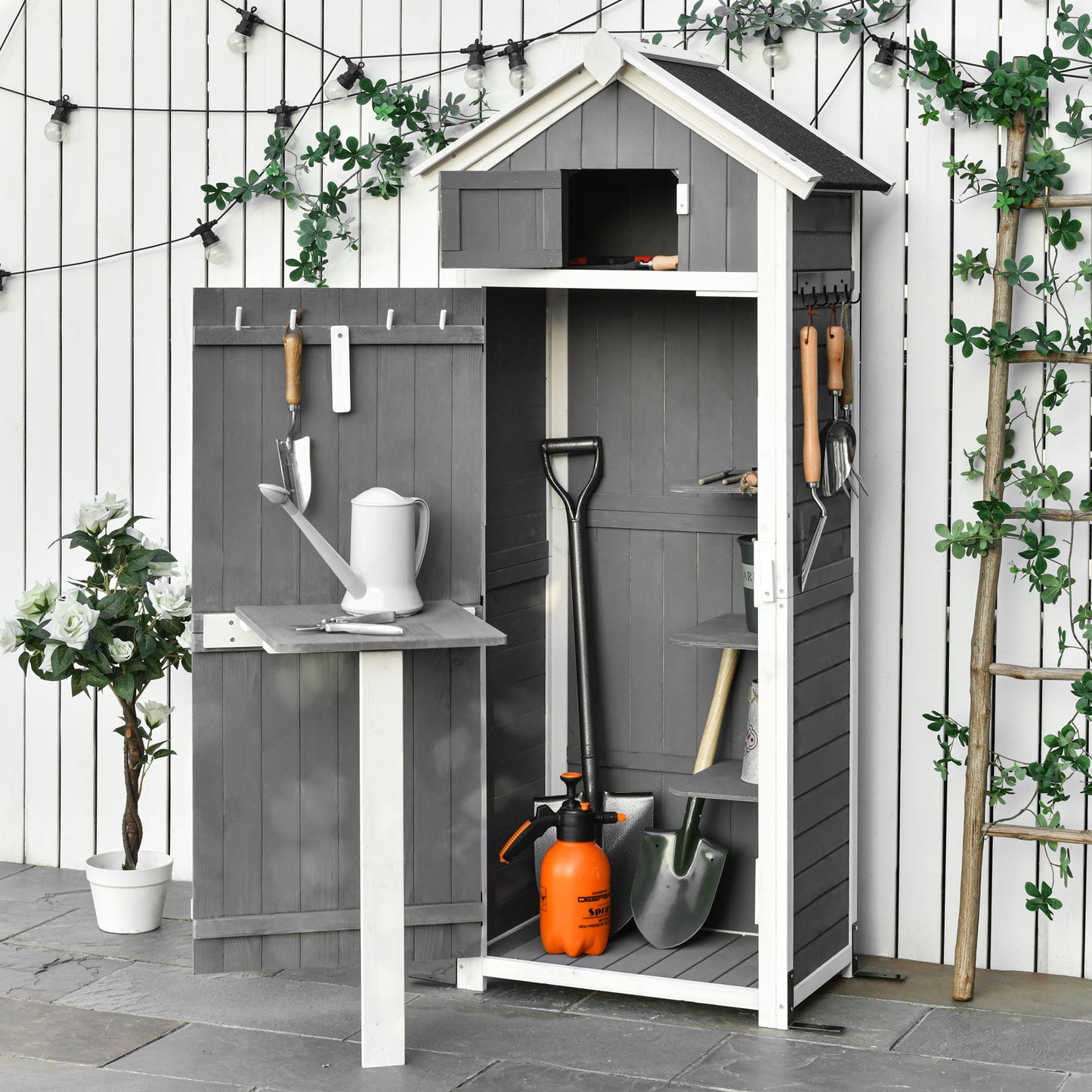 Tuinhuisje – Tuinkast – Tuinschuur – Gereedschapsschuur – Berging – Houten Bouw – Inklapbare Tafel – Waterafstotend Dak – Donkergrijs – 78x52,5x182 cm
