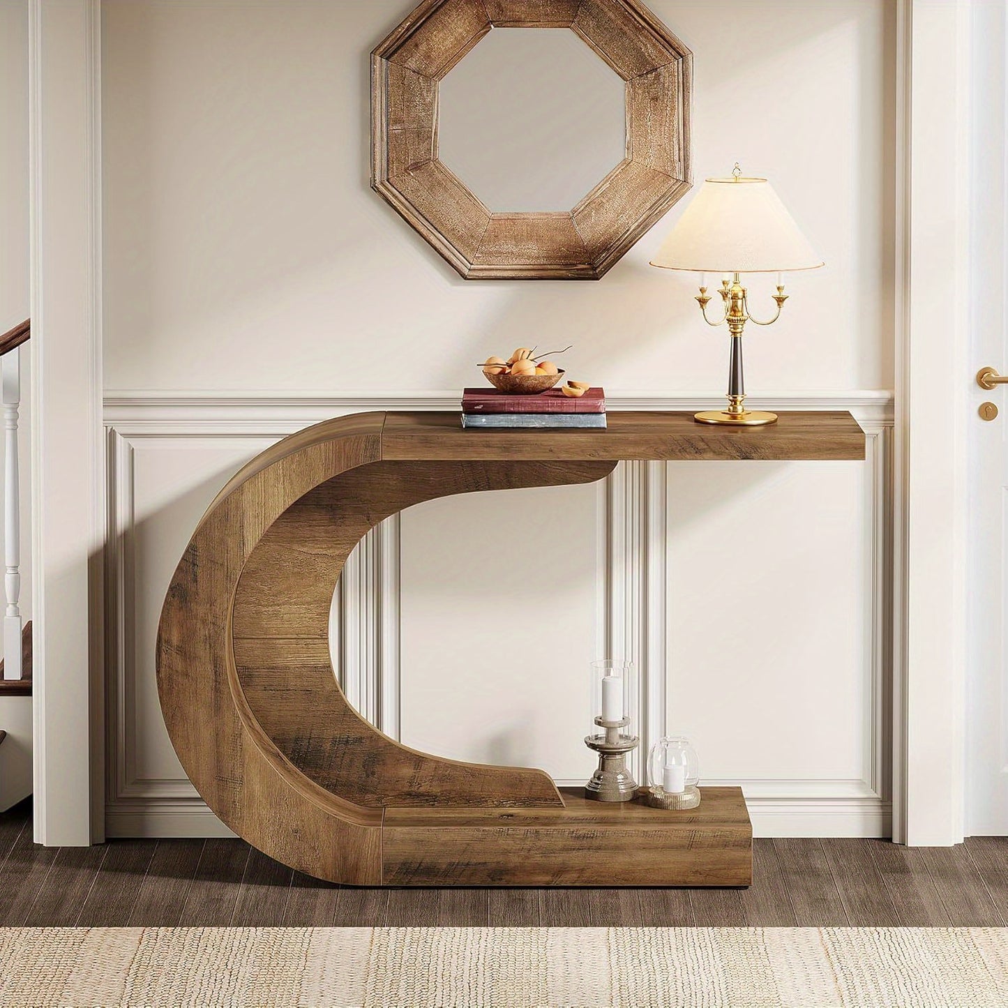 Sidetable – Bijzettafel – Halmeubel – Console Tafel – Woonkamermeubel – Mid-Century Modern C-Vorm – Rustieke Bruine Afwerking – Duurzaam Gelamineerd Hout - QUORE