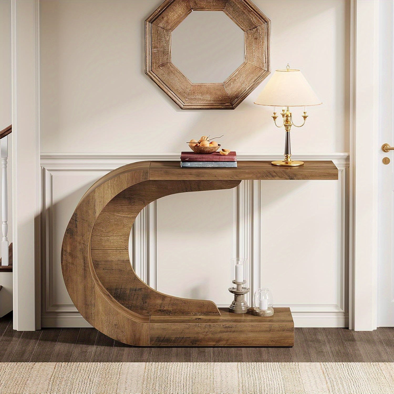 Sidetable – Bijzettafel – Halmeubel – Console Tafel – Woonkamermeubel – Mid-Century Modern C-Vorm – Rustieke Bruine Afwerking – Duurzaam Gelamineerd Hout - QUORE
