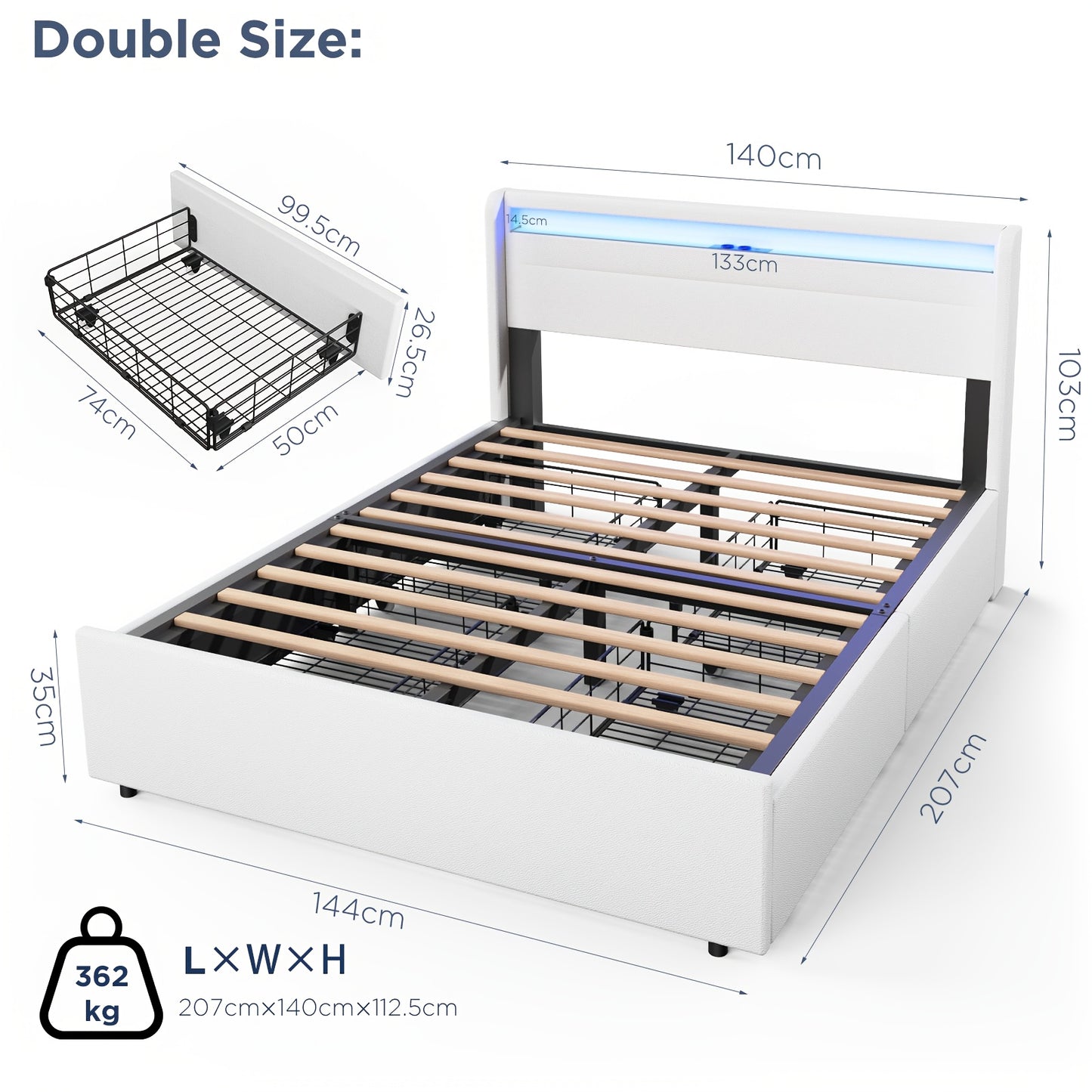 Bedframe – Tweepersoonsbed – Opbergbed – Gestoffeerd Bed – Led Bed – 140x200 cm – Met 4 Lades – USB RGB Verlichting