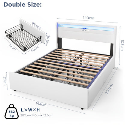Bedframe – Tweepersoonsbed – Opbergbed – Gestoffeerd Bed – Led Bed – 140x200 cm – Met 4 Lades – USB RGB Verlichting