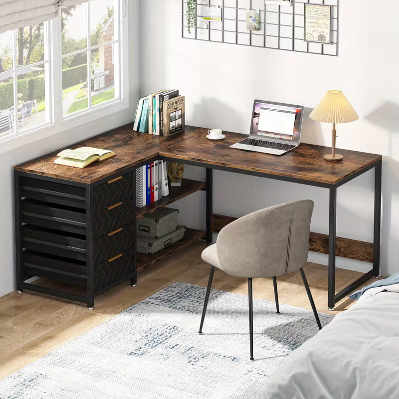 L-vormig bureau – Computerbureau – Hoekbureau – Werkplek bureau – Bureau met laden – Bruin – Ruim 150 cm werkoppervlak – Duurzaam vezelplaatmateriaal